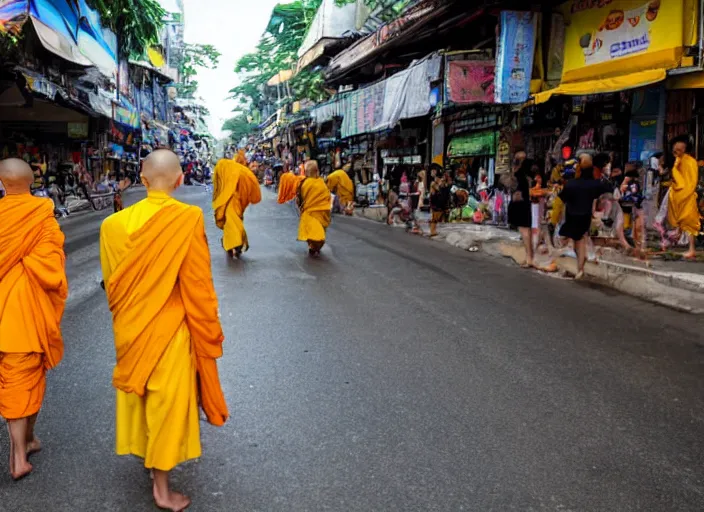 Prompt: In a future Bangkok, yellow-robed monks and elephants walk the streets of a bustling city under the hot sun ,by jamie jones