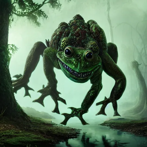 Prompt: monster frogbeast in swamp, greg rutkowski, trending on art station, magic the gathering, 4 k, matte painting