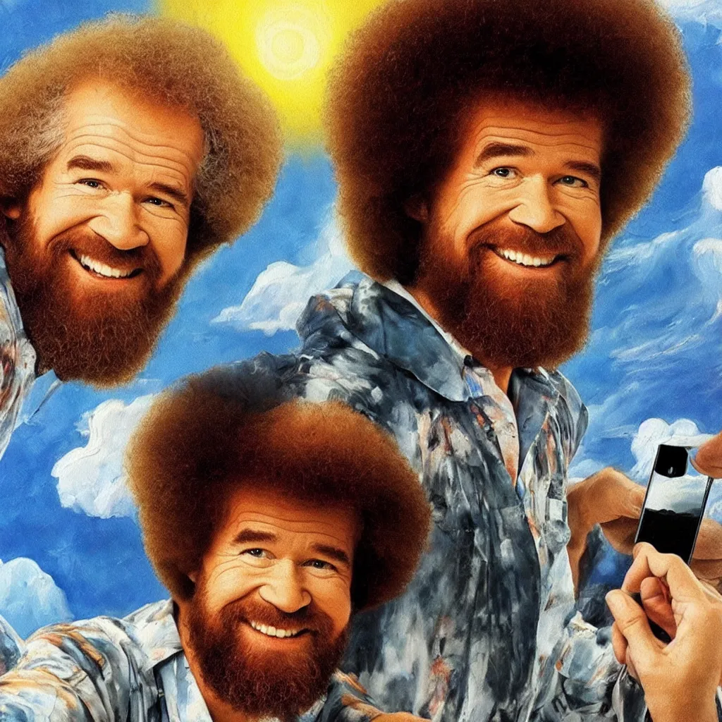 Image similar to bob ross painting of last selfie on earth