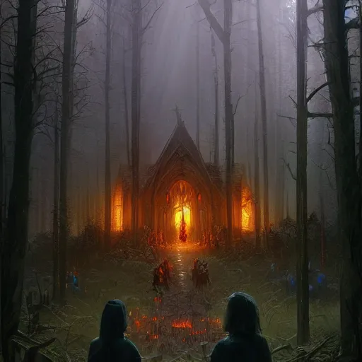 Prompt: the dark chapel is surrounded by the satanic procession. Mist in the dark forest. Detailed digital art by greg rutkowski, Thomas kinkade, Keith Parkinson, Marc Simonetti, artstation, so cute, cgsociety, 8k, HD