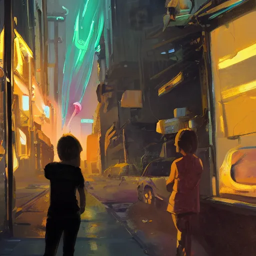 Prompt: back view, blonde 8 year old brilliant tomboy girl, staring upward at a visible huge rocketship launch and plume of fire, in a crowded neon violent dirty impoverished sci - fi cyberpunk tenement violent dirty alley, full of garbage, at night, cinematic and realistic, complementary colors, gregory manchess, james gurney, james jean, digital painting