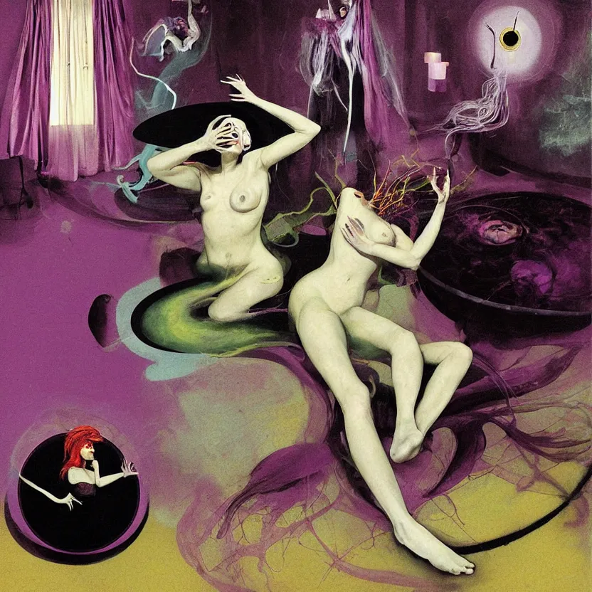 Prompt: Woman sirene start to bounce in a living room of a house, floating dark energy surrounds the middle of the room. There is one living room plant to the side of the room, surrounded by a background of dark cyber mystic alchemical transmutation heavenless realm, cover artwork by francis bacon and Jenny seville, midnight hour, part by adrian ghenie, part by jeffrey smith, part by josan gonzales, part by norman rockwell, part by phil hale, part by kim dorland, artstation, highly detailed