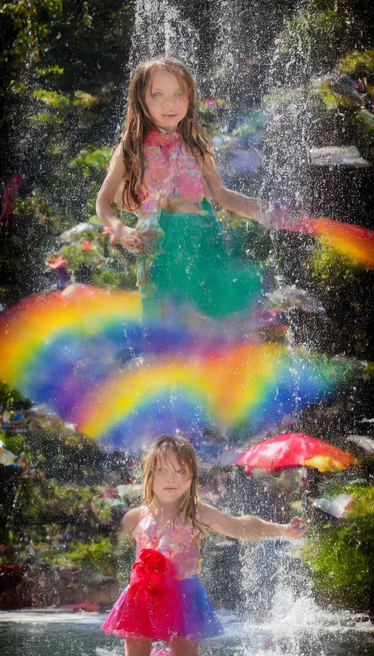 Image similar to Beautiful girl under the rainbow fountain,