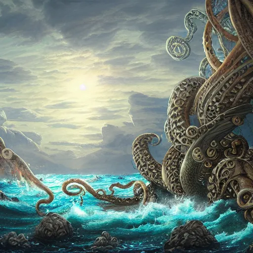 Image similar to An invisible Kraken in the middle of the sea, fantasy art, in the style of Asher Brown Durand, illustration, epic, fantasy, intricate, hyper detailed, artstation, concept art, smooth, sharp focus, ray tracing