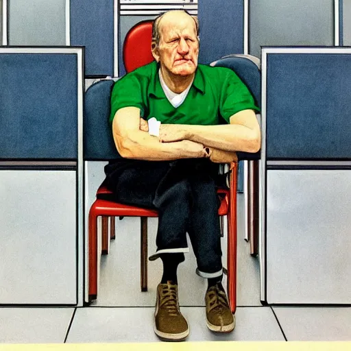 Prompt: werner herzog sits in the waiting area of the dmv with a pair of bolt cutters in the chair next to him. ultra wide angle, style of edward hopper, wes anderson, chris ware, award winning, hyperrealistic, dynamic lighting, very detailed face, 4 k
