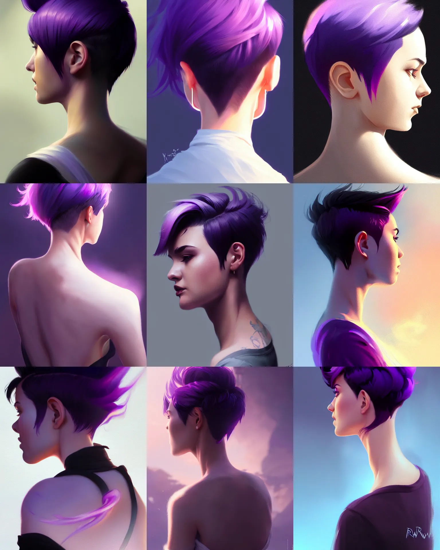 Prompt: Back Portrait of attractive young adult female, pixie undercut hairstyle, black to purple fade hairstyle, wispy smoke in the air, cinematic rim light, highly detailed, digital painting, artstation, concept art, sharp focus, illustration, art by WLOP and greg rutkowski