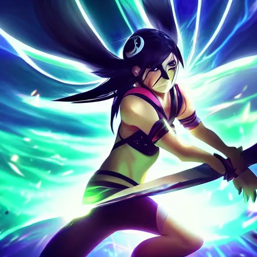 Image similar to Akali from league of legends anime, digital art, beautiful composition, amazing colours, atmospheric, lens flares, sun rays, award winning