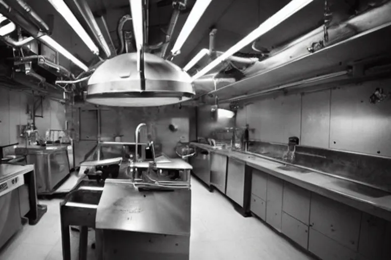 Prompt: underground lab kitchen, sci-fi, ancy, futuristic, technology, realistic, 80k, 8mm, Grainy, Panavision