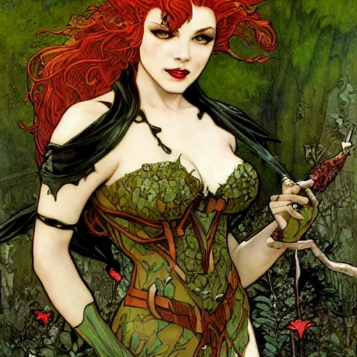 Image similar to a beautiful painting of poison ivy dressed as a teenage vampire, leather armored, dark eyeliner, intricate, elegant, highly detailed, digital painting, artstation, concept art, matte, sharp focus, illustration, art byby rebecca guay and by arthur rackham and by alphonse mucha and by john william waterhouse, comic book style!!