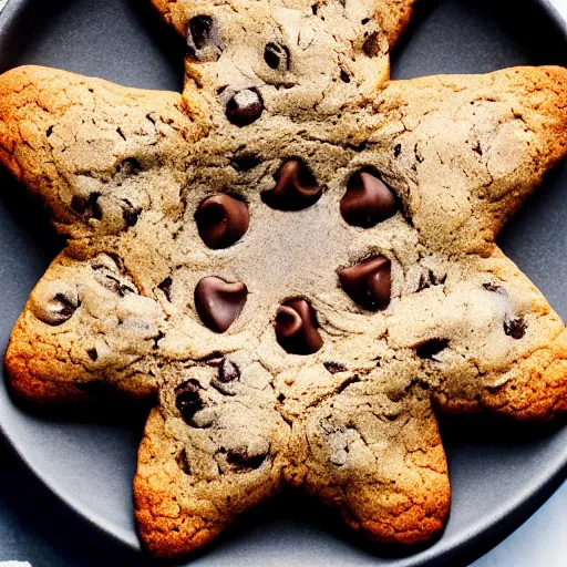 Image similar to close view of a 5 pointed star shaped chocolate chip cookie, warm dim light