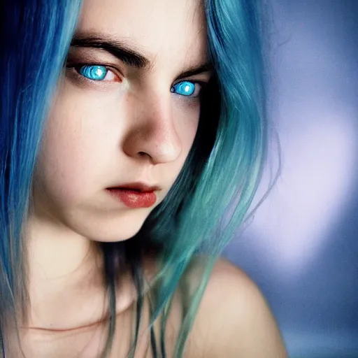 Prompt: portrait of young girl half dragon half human, dragon girl, dragon skin, dragon eyes, dragon crown, blue hair, long hair, highly detailed, cinematic lighting, by Sofia Coppola, by Robert Eggers, by David Lynch