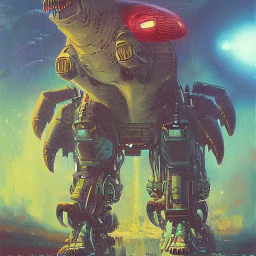 Image similar to a large anthropomorphic t - rex shaped mecha by paul lehr and moebius