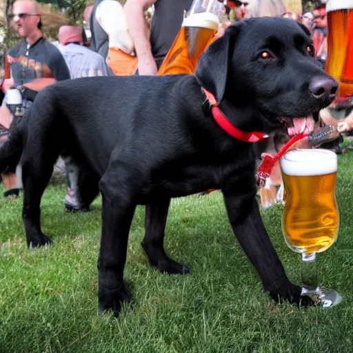 Prompt: a black Labrador in lederhosen drinking beer at Octoberfest