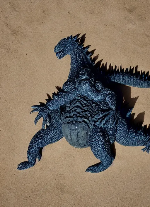 Image similar to godzilla as a mozzarella on the sand of a beach