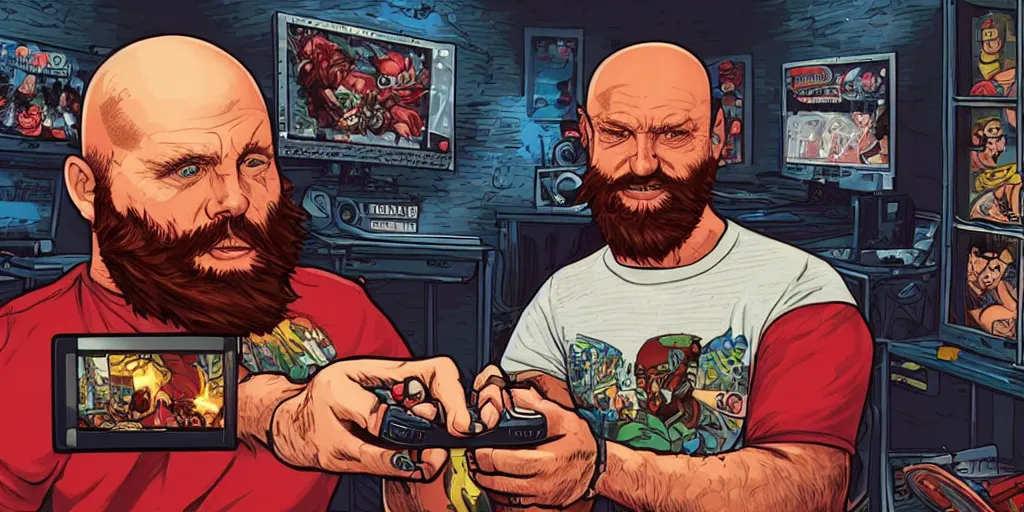 Image similar to a bald man with a big red beard playing video games by dan mumford and sandra chevrier, 4 k