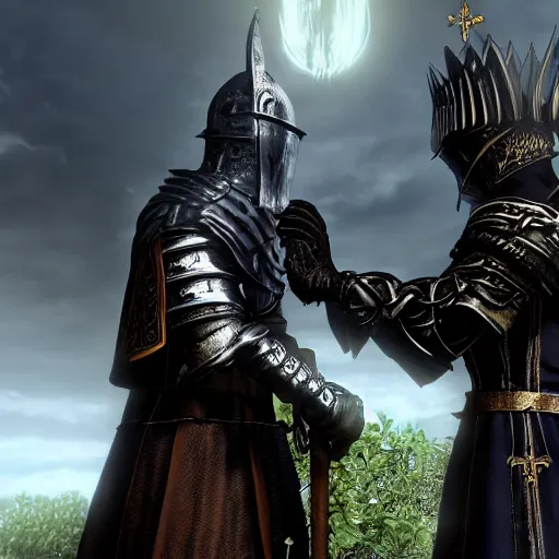 Image similar to a priest blessing a paladin, dark souls 3 aesthetic