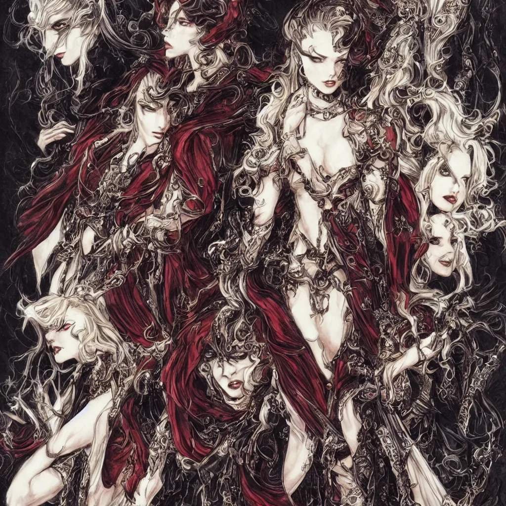 Prompt: elegant vampires, long hair, baroque, fancy clothing, striking beauty, extremely detailed, castlevania, concept art by ayami kojima