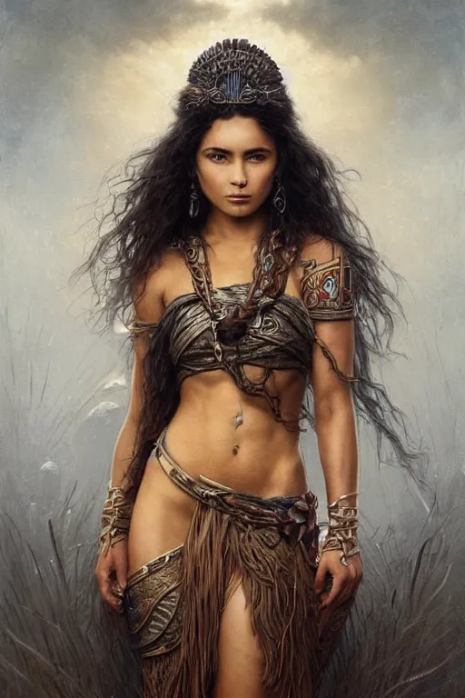 Prompt: Beautiful Maori princess - in the style of greg rutkowski,symetrical,orantalist,photo realistic,8k,epic, ultra detailed, by Gustave Doré, by Marco Turini, by Artgerm, Deviantart in the style of Tom Bagshaw, Cedric Peyravernay, Peter Mohrbacher by William-Adolphe Bouguereau, by frank frazetta, bloom, soft features