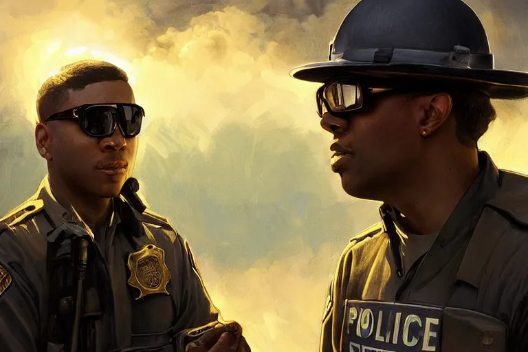 Image similar to Beautiful portrait of a translucent body glowing male police officer wearing cool shades. wide angle, magic, fire, darkness, dramatic lighting, Africa, intricate, wild, highly detailed, digital painting, artstation, concept art, smooth, sharp focus, illustration, art by artgerm and greg rutkowski and alphonse mucha, footage from space camera