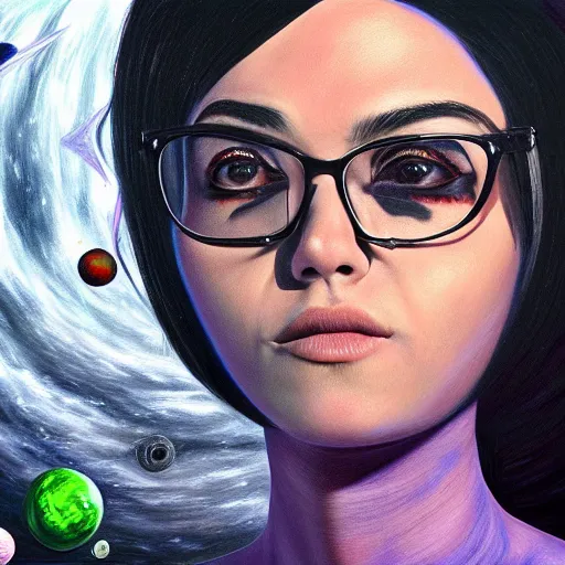 Prompt: hyperdetailed portrait of jade from homestuck floating in space between stars and planets, hyperrealism, detailed, oil painting