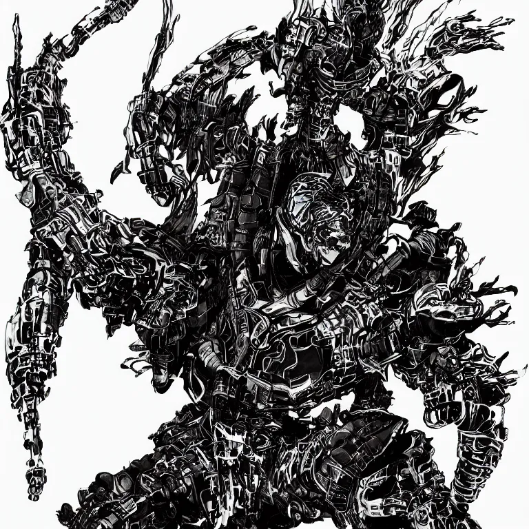 Prompt: a drawing of a flaming cybernatic samurai, blue armor, water, by yoji shinkawa and tsutomu nihei, detailed art, highly detailed, trending on artstation