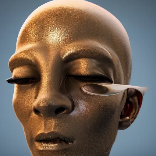 Image similar to 3 d render melted humanoid, sculpture, chrometype, liquid metal, neotribal, raytraced, volumetric lightning, 8 k by wlop, innate studio h - 1 0 0 0 w - 1 0 0 0