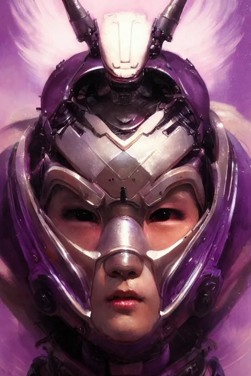 Prompt: extreme close up, facial portrait, half - chinese woman with a long black ponytail in purple sci - fi armor, wearing a kitsune mask, mechanical armor, cybernetic hands, striking pose, portrait dnd, painting by gaston bussiere, craig mullins, greg rutkowski, yoji shinkawa