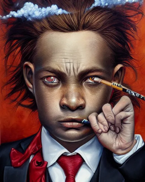 Image similar to portrait of a 7 year old child crime boss, gritty, wearing a suit, smoking, very detailed eyes, hyperrealistic, very detailed painting by Glenn Fabry, by Joao Ruas, by Artgerm