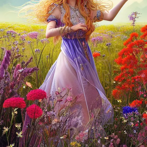 Image similar to A beautiful elf goddess with long blonde hair in a detailed floral dress, in front of a vivid field of flowers, by Larry Elmore, Tom Bagshaw, Viktoria Gavrilenko, Ilya Kuvshinov, Shin JeongHo, kiernan shipka