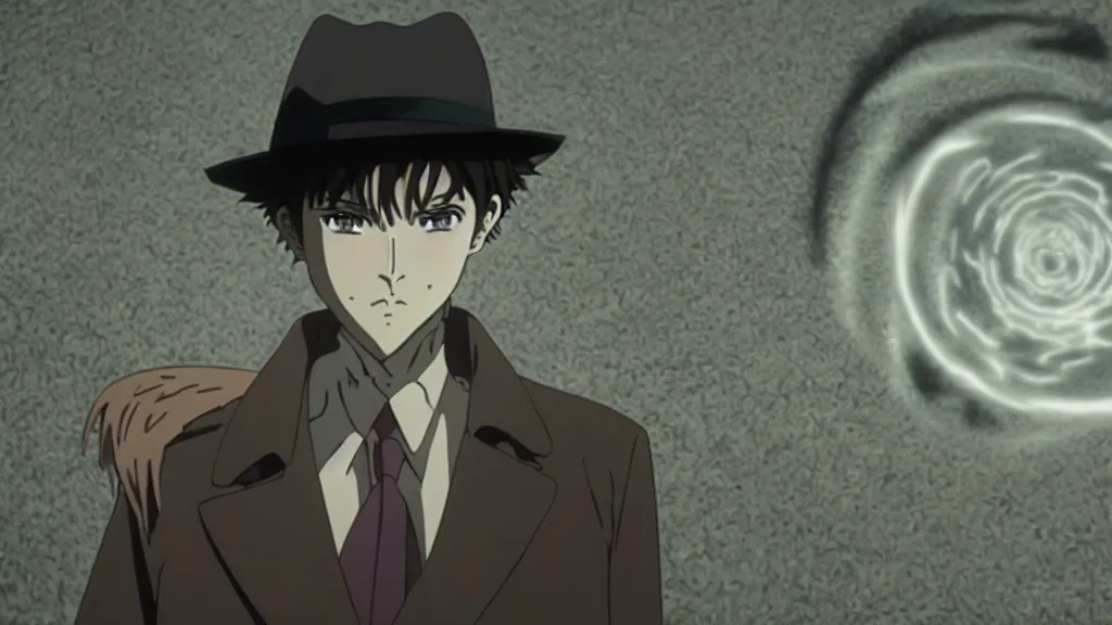 Image similar to a man who’s face is a vortex wearing a fedora and trench coat, anime film still from the movie directed by Denis Villeneuve with art direction by Junji Ito, wide lens