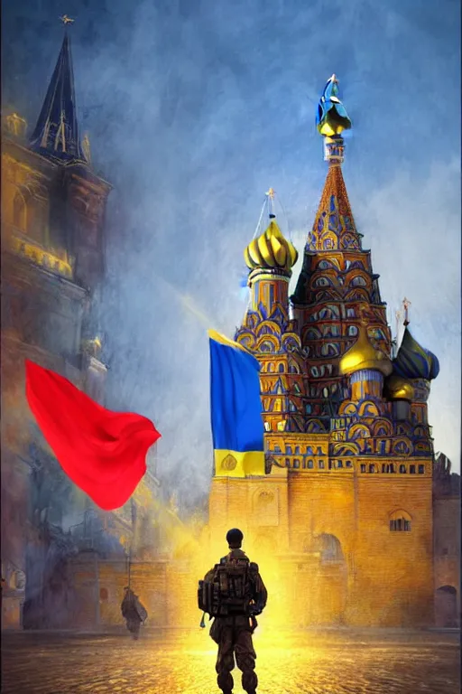 Image similar to special forces soldier installin ukrainian blue and yellow flag on red square kremlin, masculine figure, d & d, fantasy, bright atmosphere, volumetric lights, intricate, elegant, extremely detailed, digital painting, artstation, concept art, matte, smooth, sharp focus, hyper realistic, illustration, art by artgerm and greg rutkowski and alphonse mucha