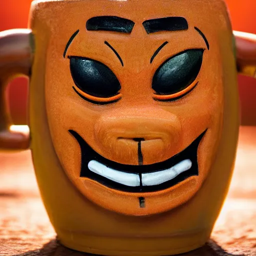 Image similar to a closeup photorealistic photograph of an orange cat garfield style tiki mug at a trader vic's bar with garfield's face on the front. tiki party. bright scene. fine detail. this 4 k hd image is trending on artstation, featured on behance, well - rendered, extra crisp, features intricate detail, epic composition and the style of unreal engine.