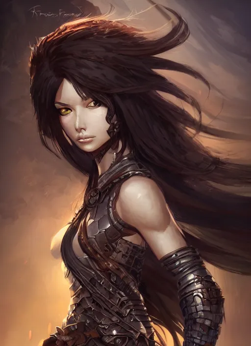 Image similar to beautiful warrior lady, black long hair, practical armor, brown skin, demonic eyes, low fantasy, extremely detailed, sharp focus, smooth, digital illustration, by rossdraws, frank franzzeta, sakimichan