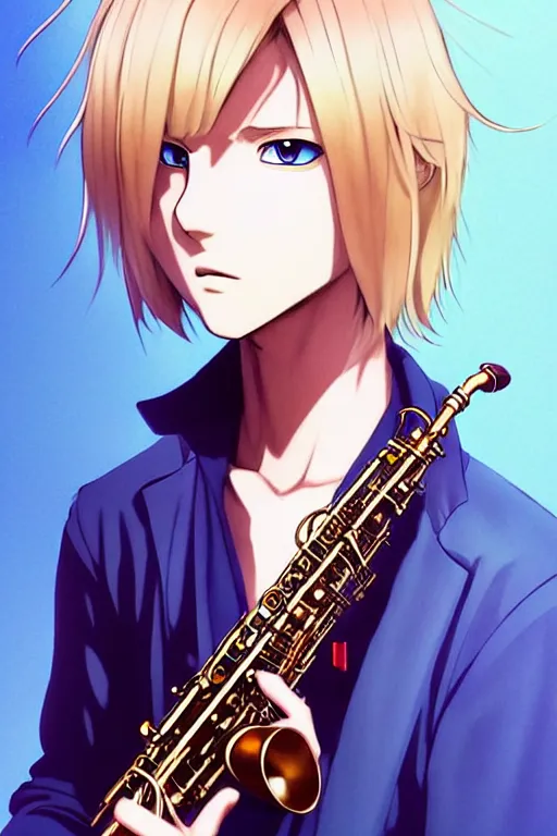 Prompt: wide view portrait Anime hippie Blonde Guy Short Hair Sharp fine face playing sax, pretty face, realistic shaded Perfect face, fine details. Anime. by makoto sinkai, katsuhiro otomo ghost in the shell movie scene, magali villeneuve, artgerm, rutkowski