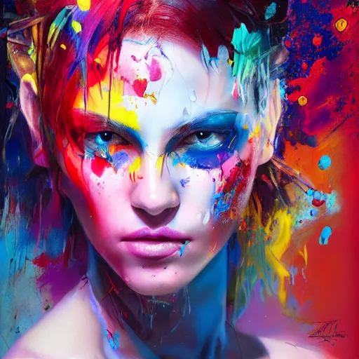 Prompt: a cyberpunk goddess, vi, side portrait, striking, defiant, spotlight, paint drips, paint splatter, vibrant colors, 1 9 years old, beautiful eyes, by marco paludet and gianni strino and marion bolognesi - n 4