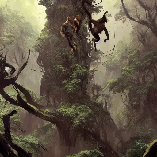 Prompt: 8 aggressive monkey beasts attacking and jumping down from large tree in dense dark forest, seen from below, dramatic concept art by greg rutkowski