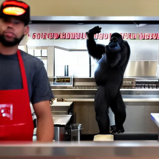 Image similar to high quality photo of a big gorilla working at a fast food restaurant