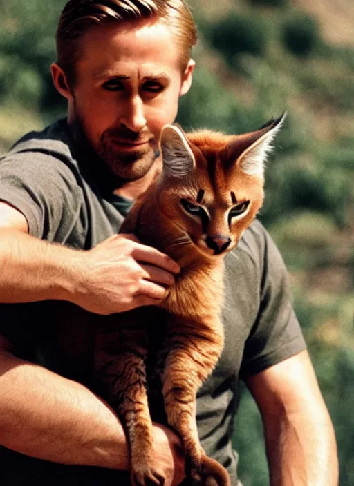 Image similar to Ryan Gosling holds a caracal cat in his hands