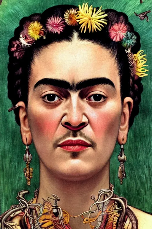 Image similar to realistic detailed portrait of frida kahlo by denis villeneuve, amano, yves tanguy, alphonse mucha, ernst haeckel, max ernst, roger dean, ridley scott, dynamic closeup