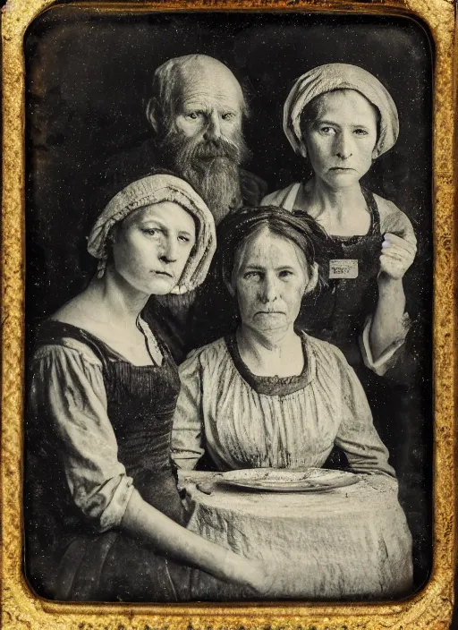 Image similar to old wetplate daguerreotype potato eaters by van gogh, fractal, intricate, elegant, highly detailed, parallax, leica, medium format, subsurface scattering, by jheronimus bosch and greg rutkowski and louis jacques mande daguerre