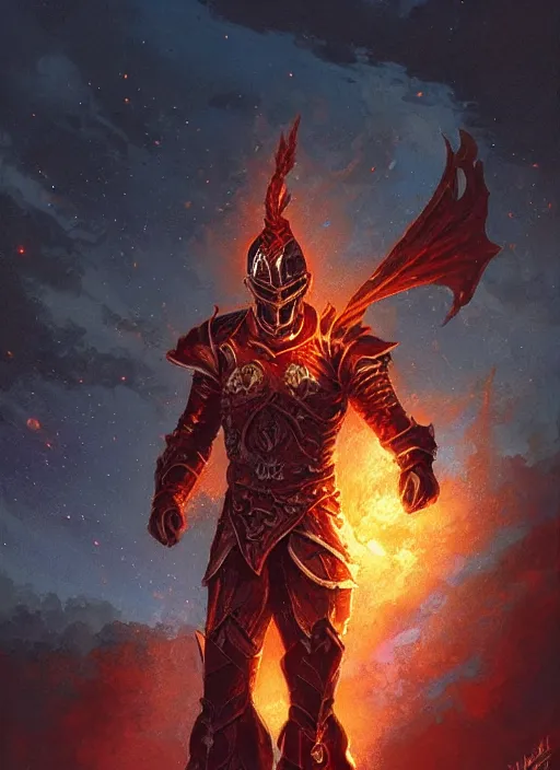 Prompt: a flame knight posing in front of the night sky, intricate, highly detailed, digital painting, artstation, concept art, perfect composition, dynamic lighting, illustration, sharp focus, art by ralph horsley and greg rutkowski