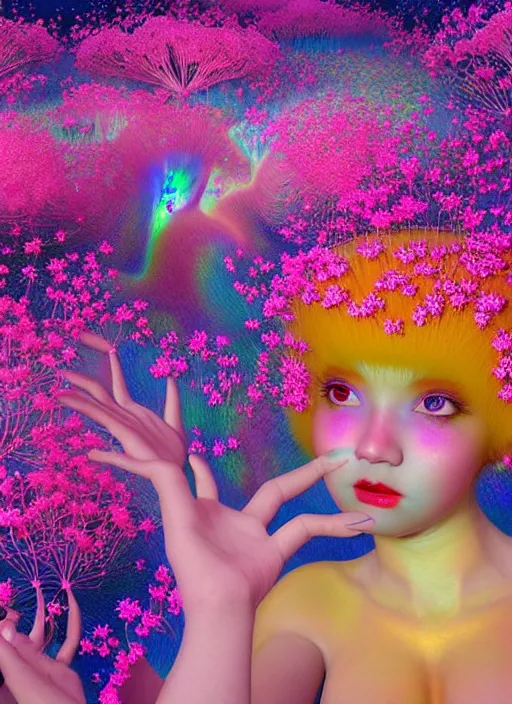 Image similar to hyper detailed 3d render like a Oil painting - kawaii Aurora (Singer) seen Eating of the Strangling network of colorful yellowcake and aerochrome and milky Fruit and Her delicate Hands hold of gossamer polyp blossoms bring iridescent fungal flowers whose spores black the foolish stars by Jacek Yerka, Mariusz Lewandowski, Houdini algorithmic generative render, Abstract brush strokes, Masterpiece, Edward Hopper and James Gilleard, Zdzislaw Beksinski, Mark Ryden, Wolfgang Lettl, Dan Hiller, hints of Yayoi Kasuma, octane render, 8k