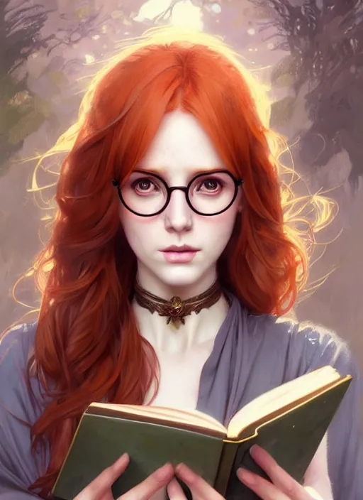 Prompt: beautiful female ginger hair glasses symmetrical face eyes full length fantasy art, fae princess, forest landscape reading a book, fantasy magic, dark light night, sharp focus, digital painting, 4k, concept art, d&d, art by WLOP and Artgerm and Greg Rutkowski and Alphonse Mucha