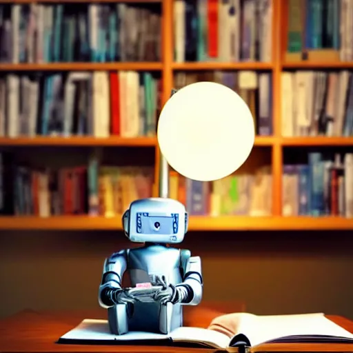 Image similar to a robot reading a book sitting in a desk chair and on the table a desk lamp turned on, in the background many books