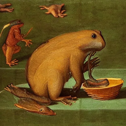 Image similar to “ beaver eating a frog, renaissance painting ”