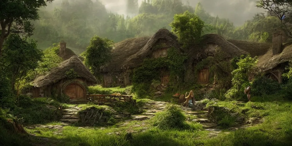 Image similar to the shire, hobbits village. concept art. photorealistic. epic. cinematic. artstation.