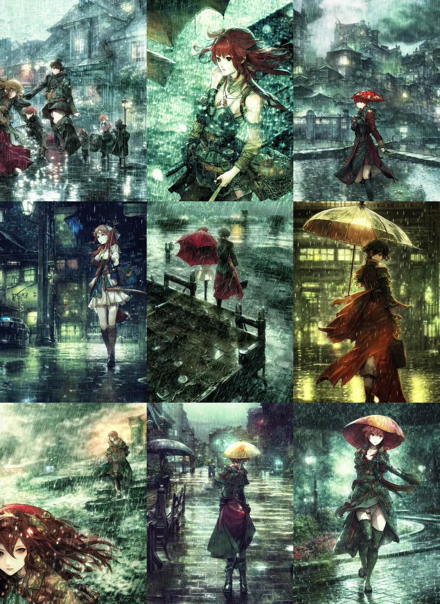 Prompt: the emerald herald under the rain, hidari, color page, tankoban, 4K, tone mapping, Akihiko Yoshida