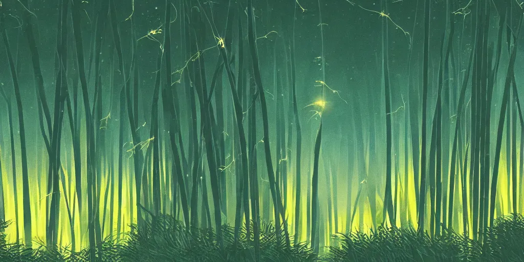 Image similar to a lightning bolt cuts through a bamboo forest, moonlight, tiny fireflies glowing, illustration style, graphic illustration, 4 k wallpaper, drawn by hiroshi yoshida.