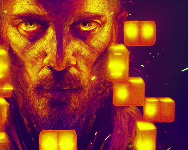 Image similar to fantasy portrait of wizard with neonyellow cubes, intricate abstract. intricate artwork, by greg rutkowski, wlop, beeple, dan mumford. concept art, octane render, trending on artstation, greg rutkowski very coherent symmetrical artwork. cinematic, key art, hyper realism, high detail, octane render, 8 k, iridescent accents