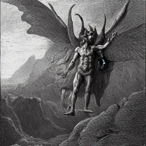 Prompt: a small man standing before a massive winged demon crawling up from a canyon, highly detailed, Biblical, high contast, in the style of Gustave Dore